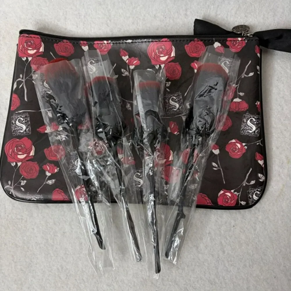 Rose makeup brush set with floral pouch and Edgar Allan Poe quot